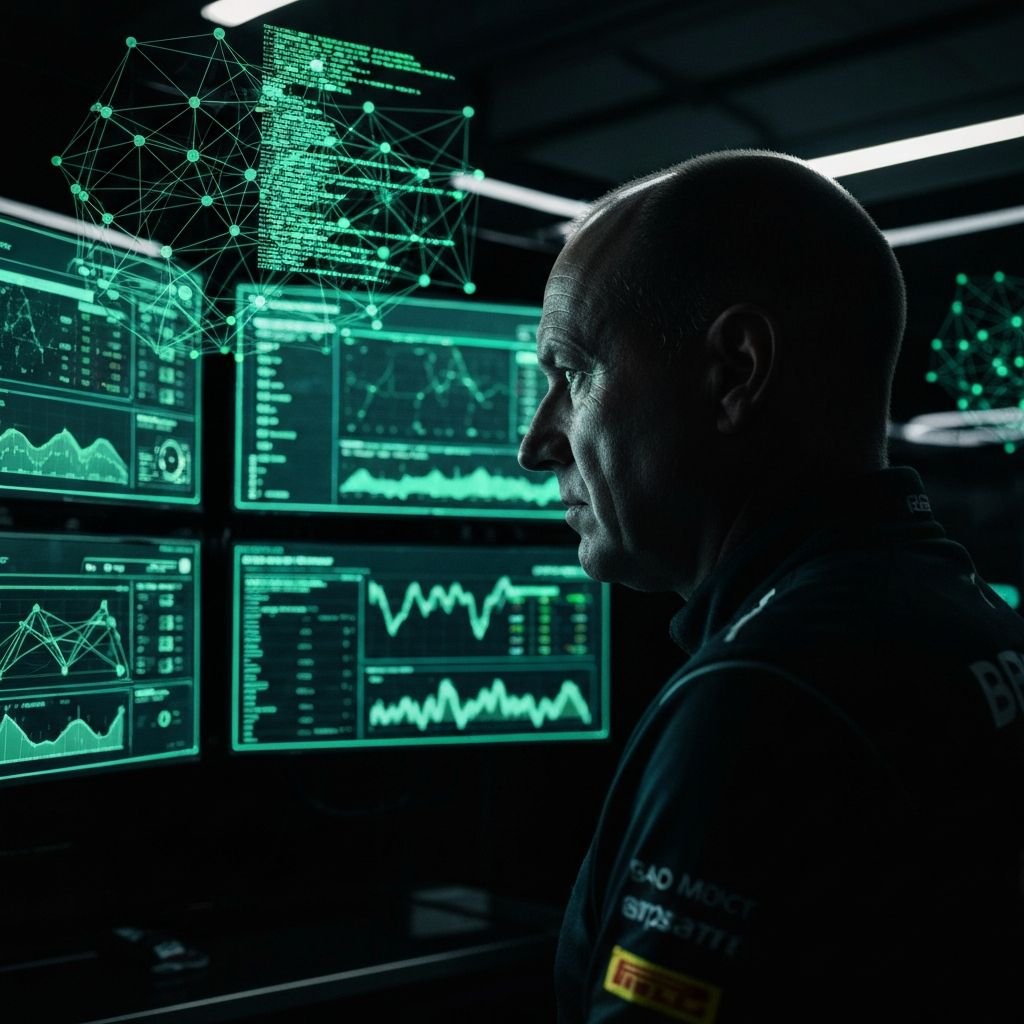 AI race engineer analyzing telemetry data in a dark pit garage